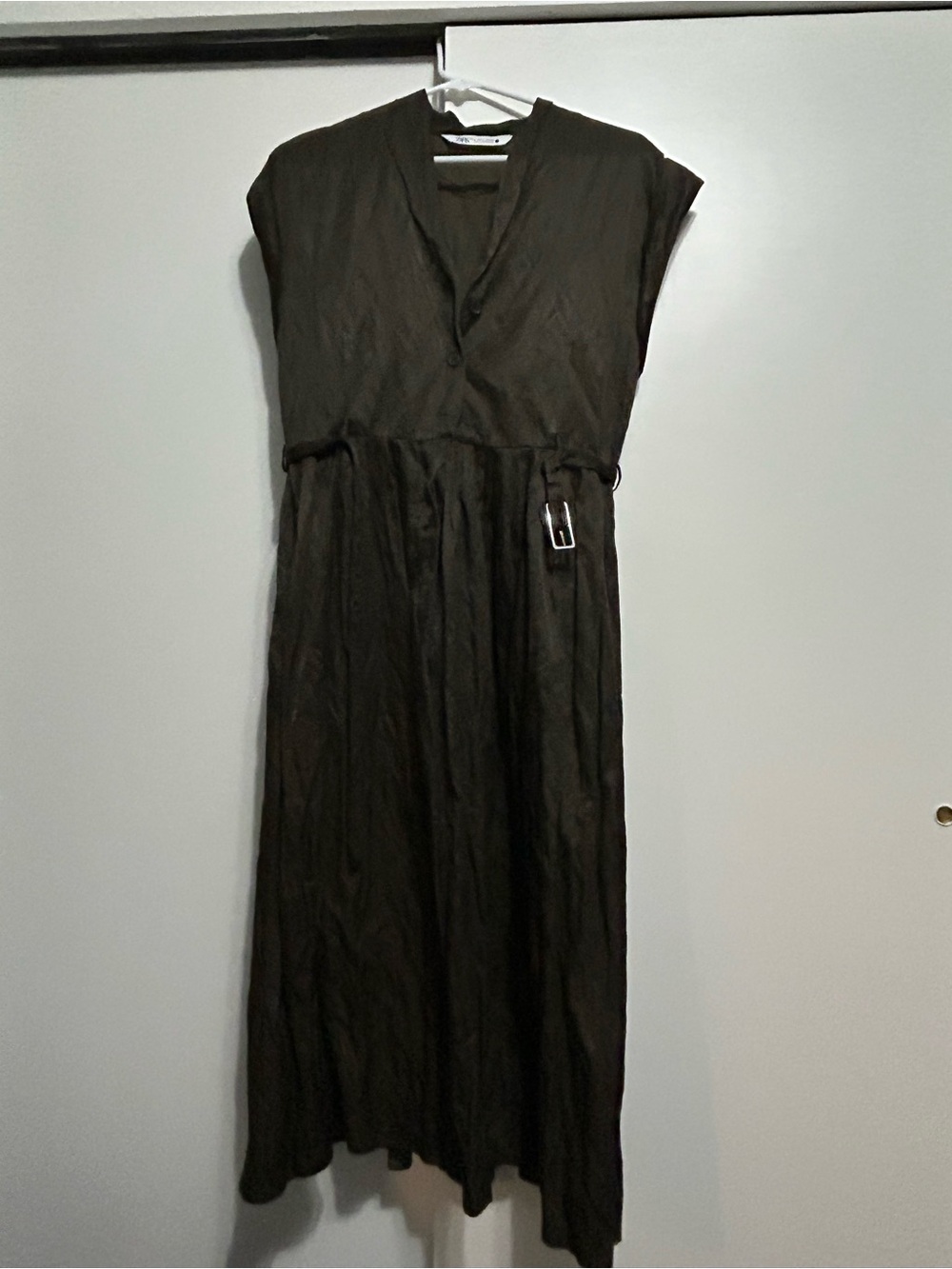 Zara Deep Brown V-Neck Sleeveless Maxi Dress with Side Buckle Detail
